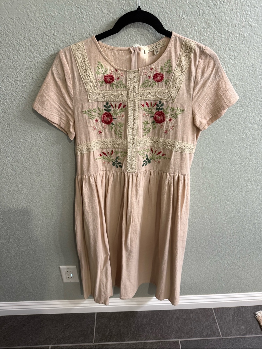 Polagram Tan Dress with Red Floral Embroidery